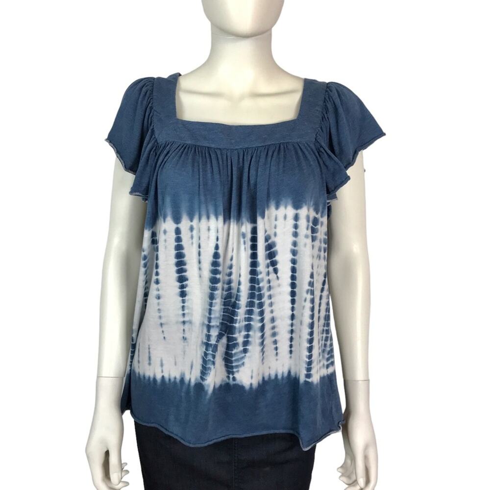 Chaser Blue & White Tie Dye Boho Tee Shirt Vintage Jersey Flutter Sleeves - Picture 2 of 7